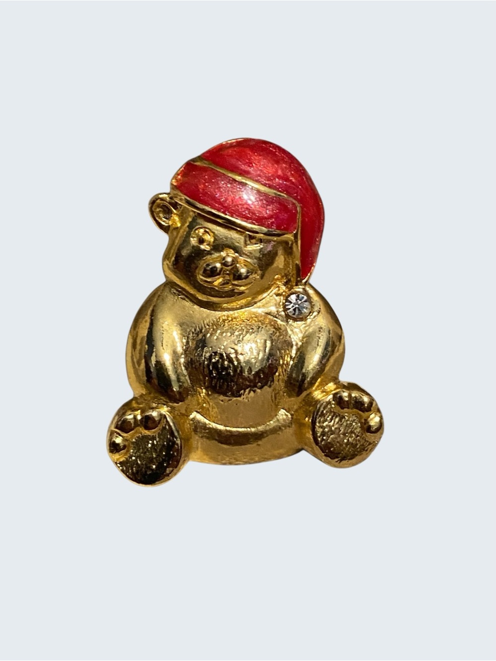Vintage Christmas Bear Enamel Hat & Rhinestone Womens Gold Tone Brooch